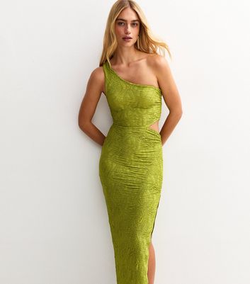 Light Green Textured Cut Out Slit Hem Midi Dress
