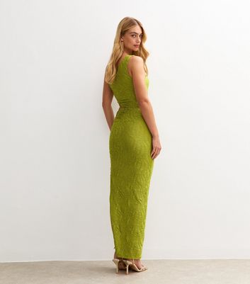 Light Green Textured Cut Out Slit Hem Midi Dress
