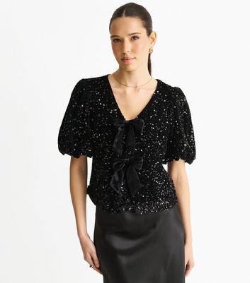 Gini London Velvet Sequin Bow Front Top