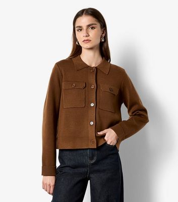 Apricot Brown Collared Button Up Cardigan