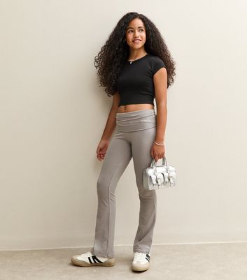 Girls Dark Grey Diamanté Logo Flared Trousers