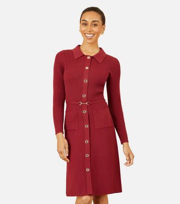 Yumi Burgundy Ribbed Knit Shirt Dress