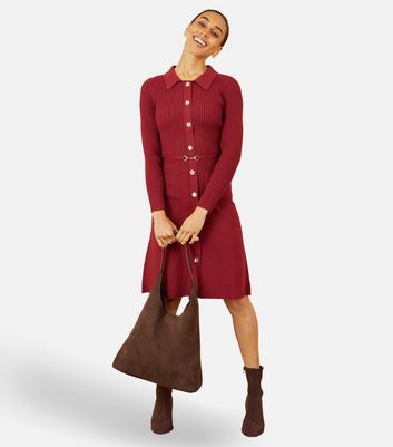 Yumi Burgundy Ribbed Knit Shirt Dress