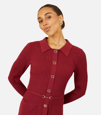 Yumi Burgundy Ribbed Knit Shirt Dress
