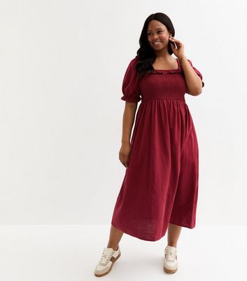 Curves Burgundy Puff Sleeve Midi Dress