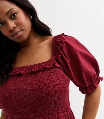 Curves Burgundy Puff Sleeve Midi Dress