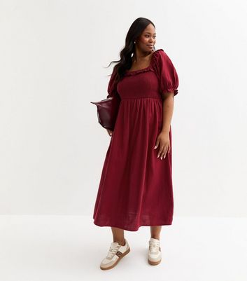 Curves Burgundy Puff Sleeve Midi Dress