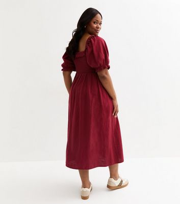 Curves Burgundy Puff Sleeve Midi Dress