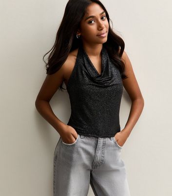 Girls Black Sparkly Cowl Neck Top