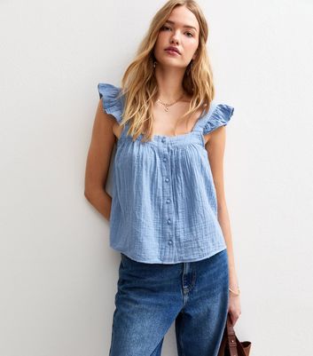 Blue Frilly Sleeve Button Up Top