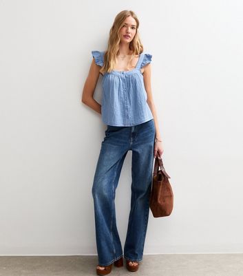 Blue Frilly Sleeve Button Up Top