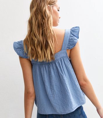 Blue Frilly Sleeve Button Up Top