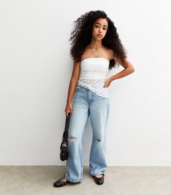 Girls Blue Ripped Knee Wide Leg Jeans