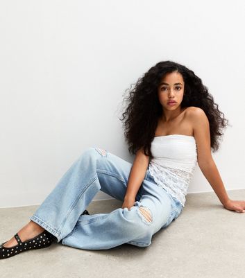 Girls Blue Ripped Knee Wide Leg Jeans