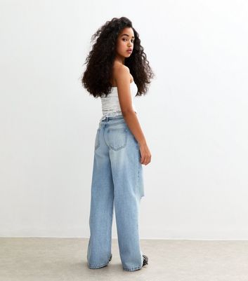 Girls Blue Ripped Knee Wide Leg Jeans 4 Girls Blue Ripped Knee Wide Leg Jeans