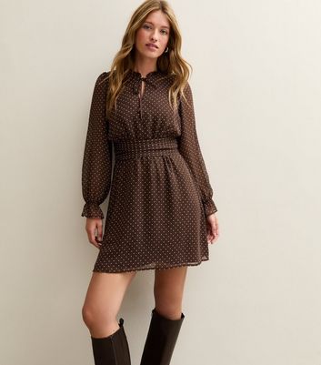 Brown Chiffon Spot Print Chiffon Mini Dress