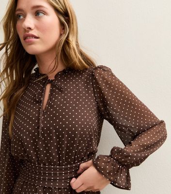 Brown Chiffon Spot Print Chiffon Mini Dress