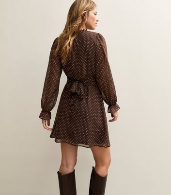 Brown Chiffon Spot Print Chiffon Mini Dress