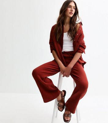 Burgundy Double Cloth Wide Leg Trousers