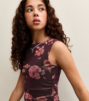 Girl Red Floral Mesh Top