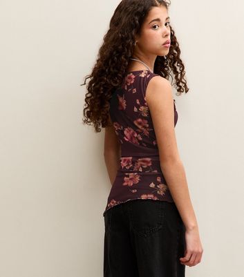 Girl Red Floral Mesh Top