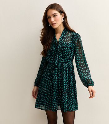 Petite Blue Spotty Pussybow Mini Dress