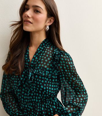 Petite Blue Spotty Pussybow Mini Dress