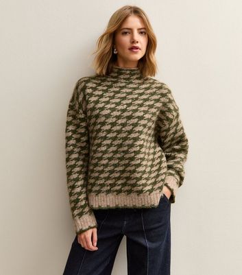 Green Houndstooth High Neck Jumper