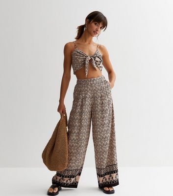 Brown Geometric Wide Leg Trousers