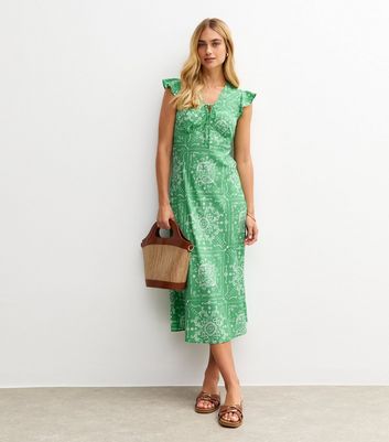 Green Printed Flutter Sleeve Midi Dress