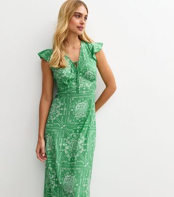 Green Printed Flutter Sleeve Midi Dress