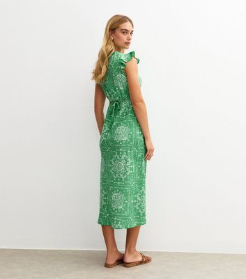 Green Printed Flutter Sleeve Midi Dress