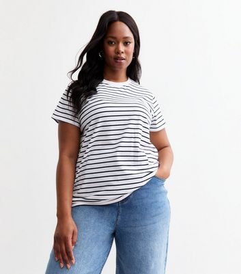 Curves White Striped Crew Neck T-Shirt