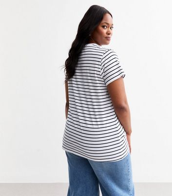 Curves White Striped Crew Neck T-Shirt