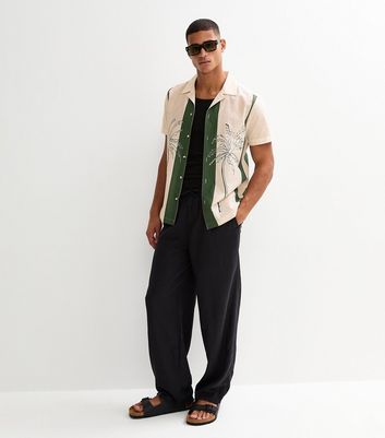Green Relaxed Palm Tree Print Revere Collar Bowling Shirt