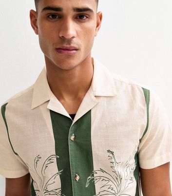 Green Relaxed Palm Tree Print Revere Collar Bowling Shirt