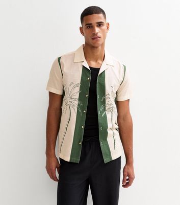Green Relaxed Palm Tree Print Revere Collar Bowling Shirt 3 Green Relaxed Palm Tree Print Revere Collar Bowling Shirt