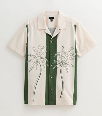 Green Relaxed Palm Tree Print Revere Collar Bowling Shirt 5 Green Relaxed Palm Tree Print Revere Collar Bowling Shirt