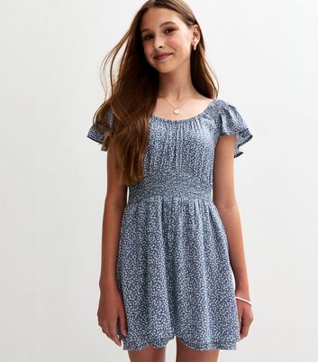 Girls Blue Floral Print Skater Skort Dress