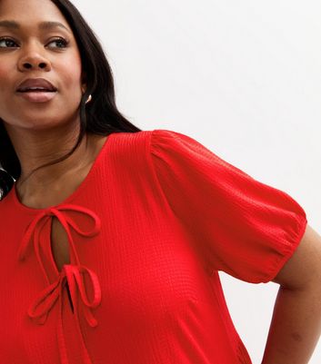 Curves Red Crinkled Texture Tie Front Mini Dress