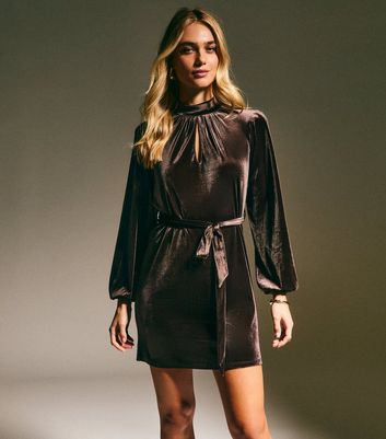 Mink Velvet Long Sleeve Belted Mini Dress
