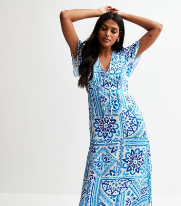 Blue Tile Print Midi Dress