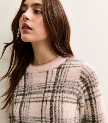 Pink Fluffy Check Crew Neck Jumper