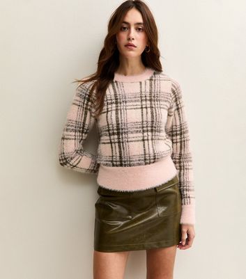 Pink Fluffy Check Crew Neck Jumper 3 Pink Fluffy Check Crew Neck Jumper