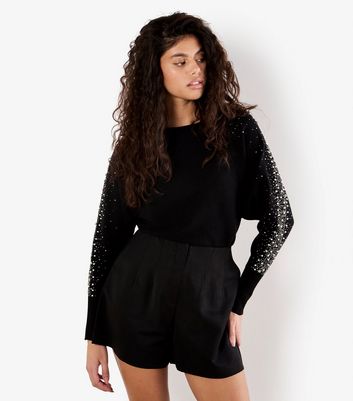 Apricot Black Faux Pearl Stud Batwing Jumper