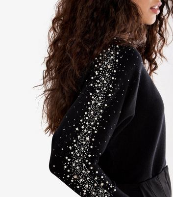 Apricot Black Faux Pearl Stud Batwing Jumper