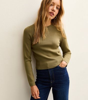 Green Ribbed Knit Crew Neck Jumper