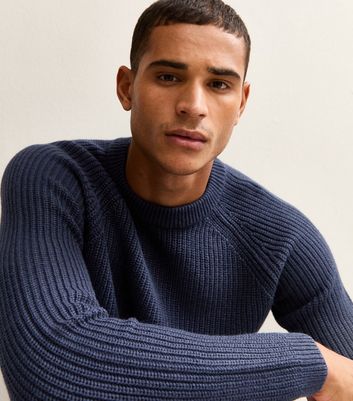 Dark Blue Regular Fisherman Knit Crew Neck Jumper