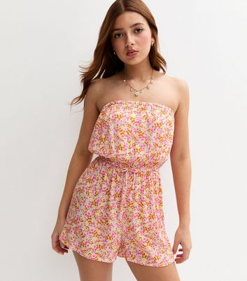 Girls Pink Floral Print Bandeau Playsuit