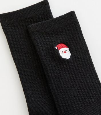 Black Embroidered Santa Ankle Socks